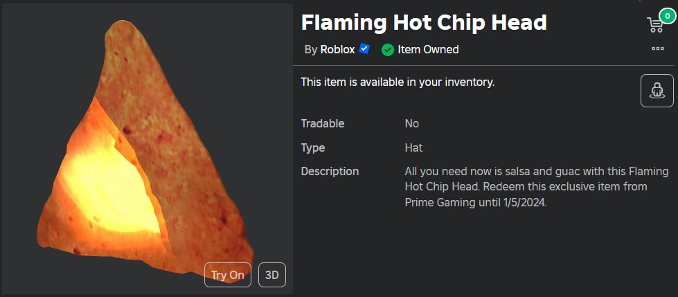 🎉 Flaming Hot Chip Head - Code Giveaway 🎉

📘 Rules:
- Must be following me + Like the tweet
- Reply with anything random

⏲️ 3 random winners will be picked tomorrow at 10 PM EST.
#Roblox #robloxgiveaway #robloxgiveaways #RobloxUGC