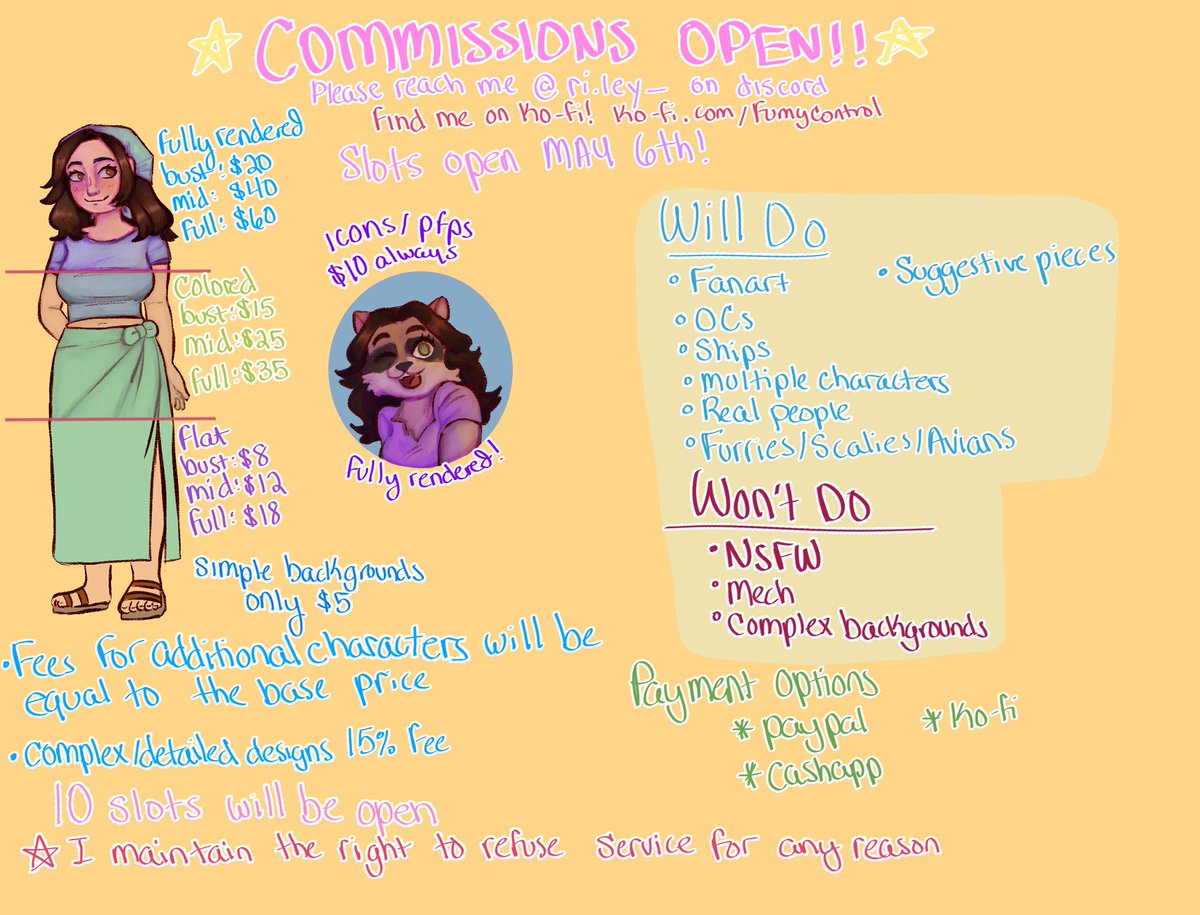 Hi! On May 6th I will be opening up 10 slots for commissions for that month. If you are interested or have any questions please reach out to me through discord, as I am not as active on twitter check out my ko-fi! ko-fi.com/fumycontrol