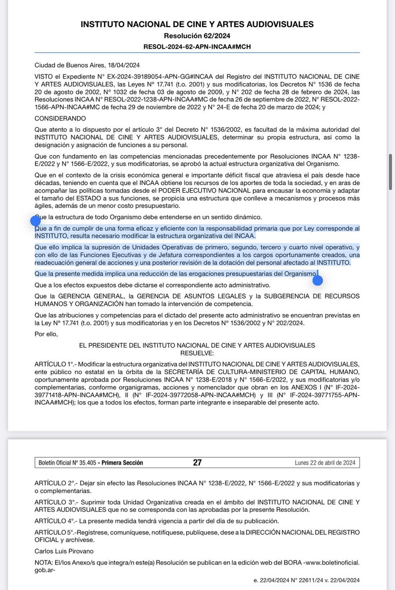🚨AHORA🚨 El gobierno de Milei decreta hoy que cierra el INCAA, así lo acaba de publicar en el boletín oficial, elimina por completo las estructuras y reduce casi a cero su presupuesto. Así este gobierno fascista atenta contra la cultura, como lo hace con la salud y educación.