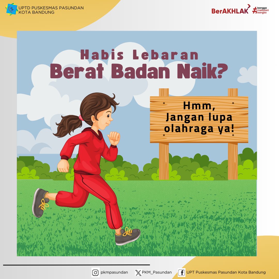 PKM_Pasundan's tweet image. Gimana, udah berapa banyak makan kue-kue, santan dan gorengan? Hmm, bisa jadi timbangan naik dan badan berasa lebih berat ya.
Tenang, “sisa-sisa lemak lebaran” itu bisa kamu atasi kok dengan cara asyik OLAHRAGA.
#LebaranSehat #LiburanSehat #AyoSehat #JanjiHidupSehat
