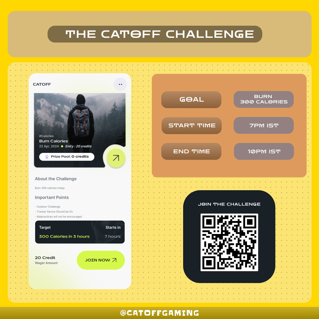 Hey Catoffs!🌟

It's challenge time! Who's game for a Monday Challenge? Let's see who can burn 300 calories the quickest, starting at 7 PM today!💪

Challenge here: game.catoff.xyz/challenge/57

#MondayChallenge #CatoffsFitness #MondayMotivation