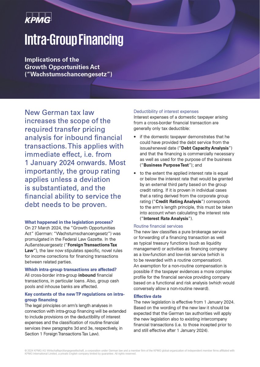 Germany's Growth Opportunities Act has increased the requirements for the deductibility of interest on inbound intragroup debt.

KPMG's summary...

itbstevetowers.com/wp-content/upl…

#internationaltax #transferpricing #Germany #KPMG
