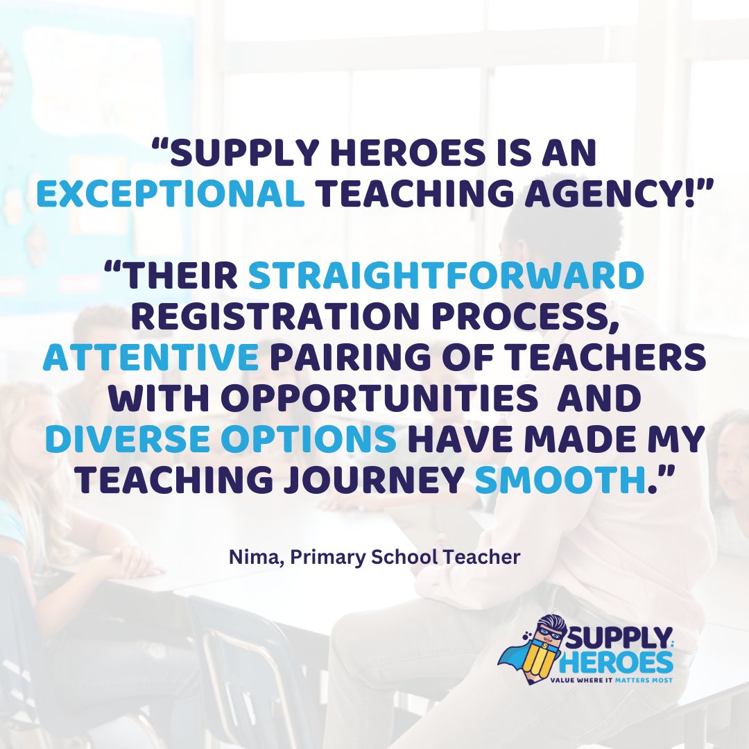 Some fantastic feedback from one our #supplyteaching clients, Nima. “Supply Heroes is an exceptional teaching agency!” “Their straightforward registration process, attentive pairing of teachers with opportunities and diverse options have made my teaching journey smooth.” 🌟