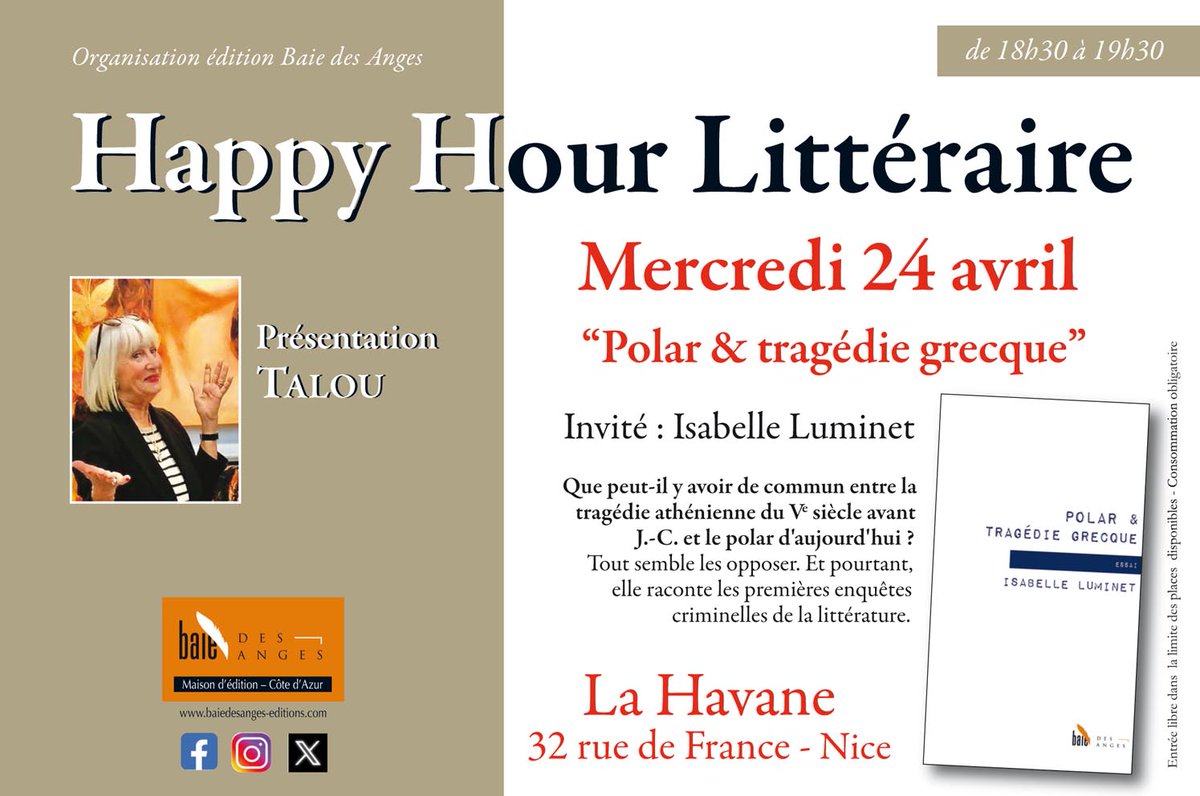 Ce mercredi c'est Happy Hour Littéraire 'Polar & tragédie grecque' Invité Isabelle Luminet @bdaedit #Baiedesangeseditions #polarnicois #CotedAzurFrance #Nice06 📘🖊️👍🌴