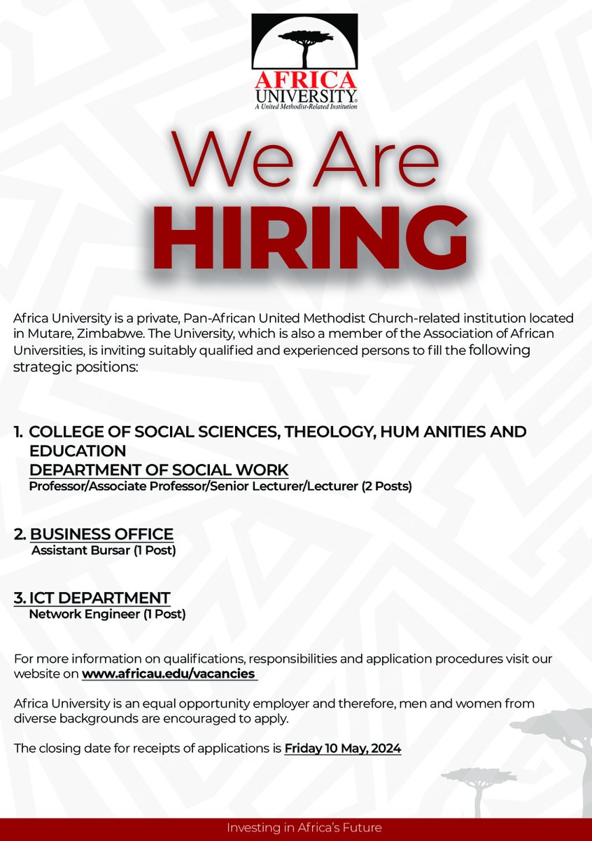 Job Opportunity! @Africa_Univ, located in Mutare, Zimbabwe is inviting suitably qualified & experienced persons to fill the following strategic positions: 1. Lecturers 2. Assistant Bursar 3. Network Engineer For more Information: africau.edu/vacancies/ Deadline: May/10th/2023