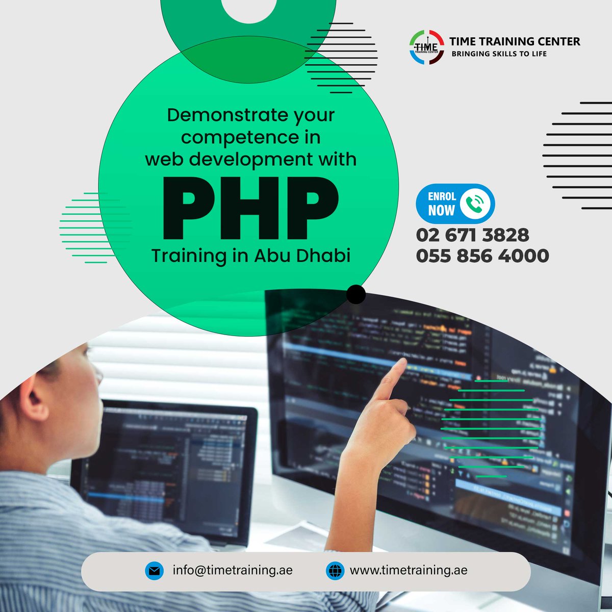 Learn PHP fundamentals & advanced scripting at Time Training Center's PHP Training for dynamic web pages. Hands-on exercises included. Call us: +971 02 671 3828 Mail us, at info@timetraining.ae Learn more: rb.gy/najtz7 #php