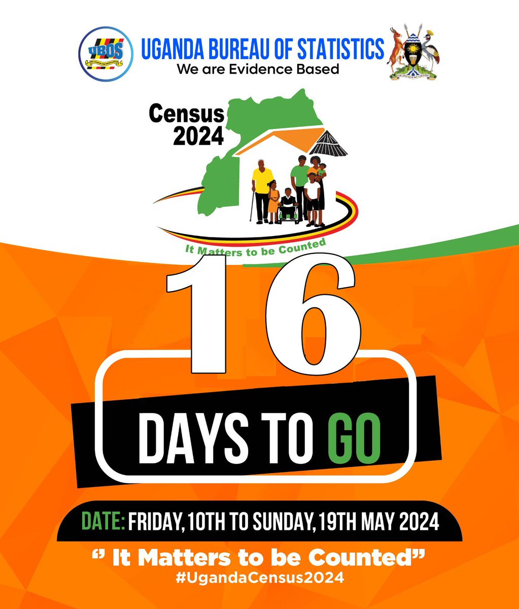 16 Days to go⏳: @StatisticsUg is set to conduct the National Housing and Population Census starting on the 10th of May 2024. 'It matters to be counted' #UBCUpdates | #UgandaCensus2024