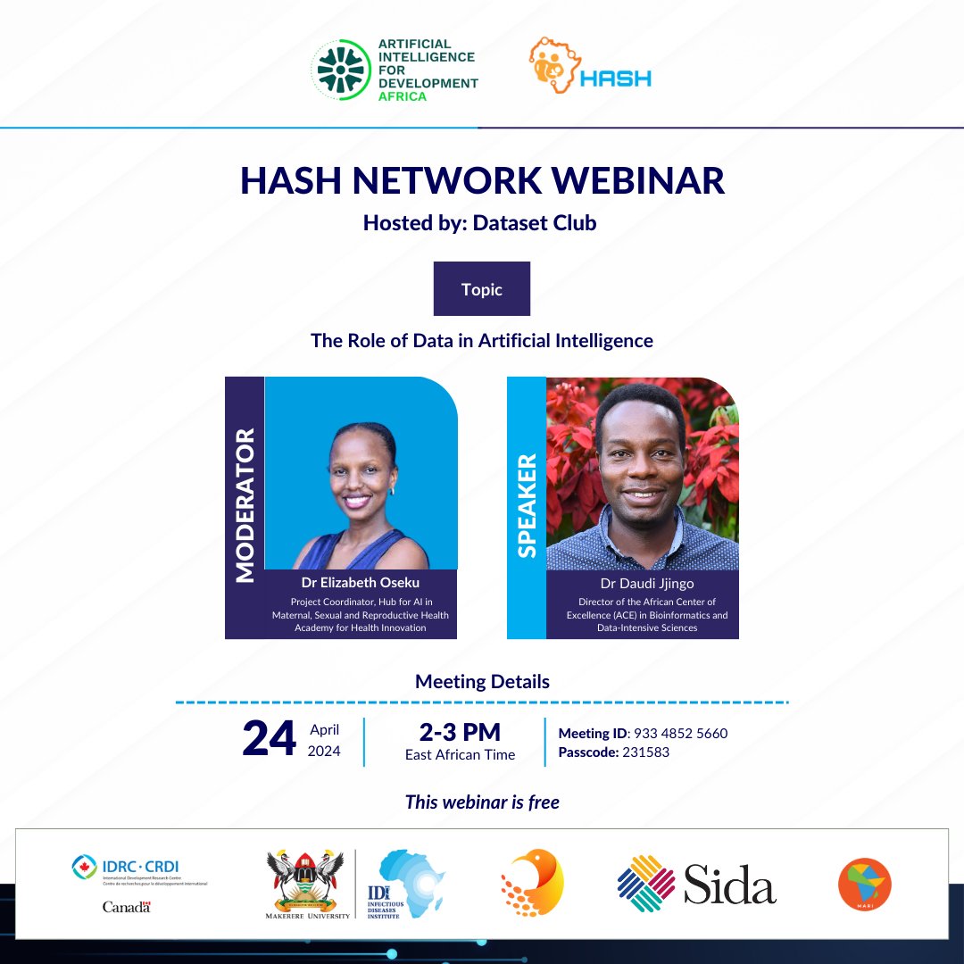 Join us on April 24th from 2-3 pm EAT for a HASH Network webinar on 'The Role of Data in AI'! Dr @Daudi_j will explore how data fuels innovation in artificial intelligence 📊🧠 To register: bit.ly/HASHNetworkWeb… #AI #DataScience #Webinar
