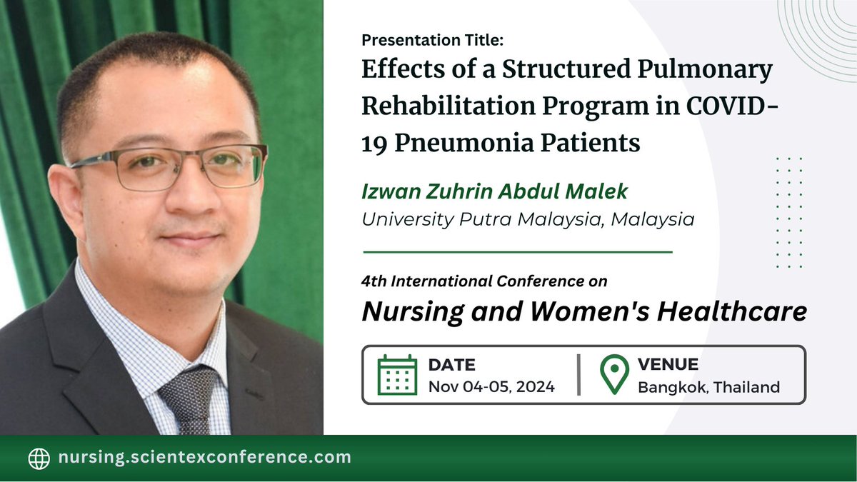 🌟 Welcoming Dr. Izwan Zuhrin Abdul Malek  to our conference 🌟
 
🔹We are exhilarated to announce Dr. Izwan as our distinguished speaker
 
📢For further insights into his presentation, kindly visit nursing.scientexconference.com/speakers/Izwan…
#rehabilitationMedicine #patientcare #scientexconferences