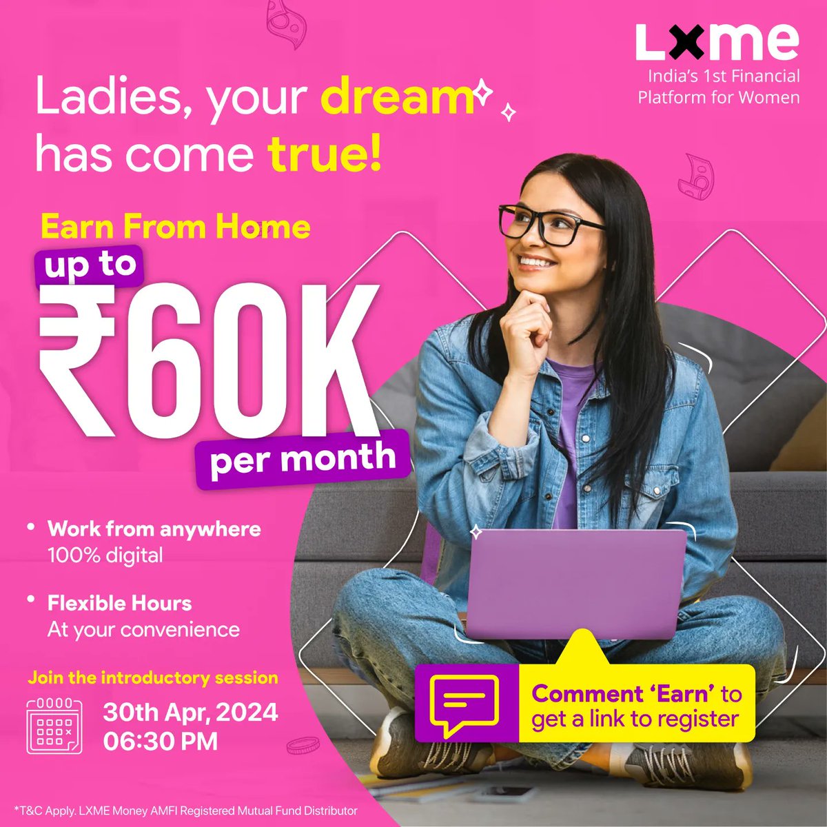 Your dream job is just a click away!👇 Click on the link to register for the introductory session happening on 30th April.
lxme.onelink.me/95JV/inappsess… 

#lxme #womenandmoney  #earnfromhome #earnonline #workfromhome #workfromhomeonline #workfromhomejob #workfromanywhere #remotejobs