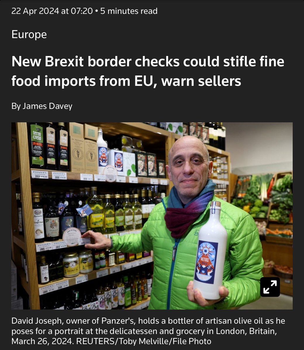 Brexit destroys our food! Panzer's delicatessen in NW London has lost 37 suppliers from the EU since Britain left the bloc's single market in 2021, and owner David Josephs fears more will quit after the UK introduces new border checks this month. EU exporters of chilled and