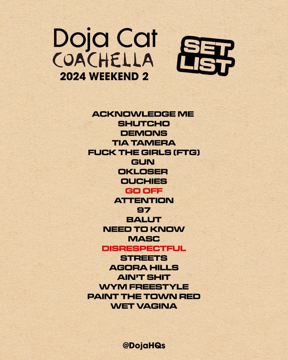 Doja HQ on X: “Doja Cat’s #Coachella Weekend 2 setlist. “Go Off