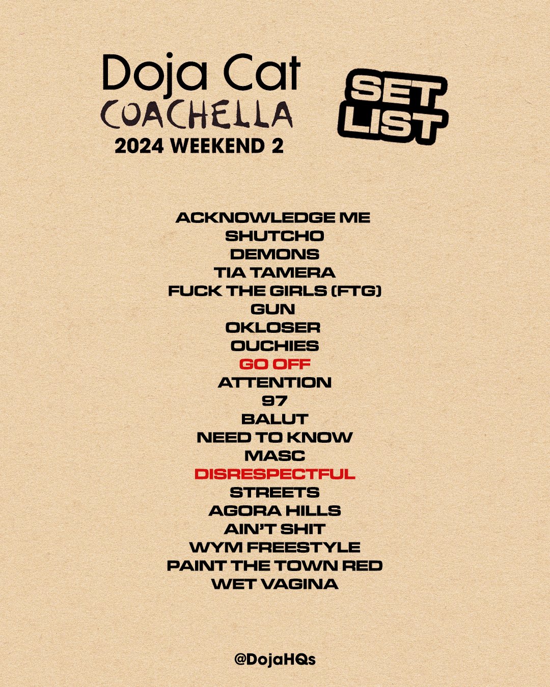 Doja HQ on X: “Doja Cat’s #Coachella Weekend 2 setlist. “Go Off