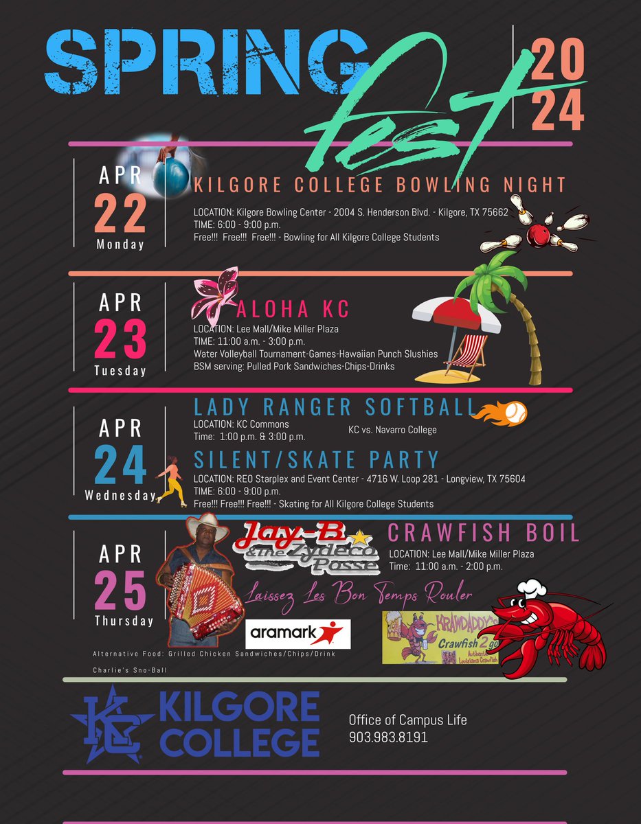 KilgoreWDCE's tweet photo. Spring Fest is this week at Kilgore College! The Office of Campus Life invites the KC Family to celebrate Spring by taking part in the week's activities. See the image for a list of events. #WeAreKC #Spring2024 #campusactivities https://t.co/vd8BqsL0DU
