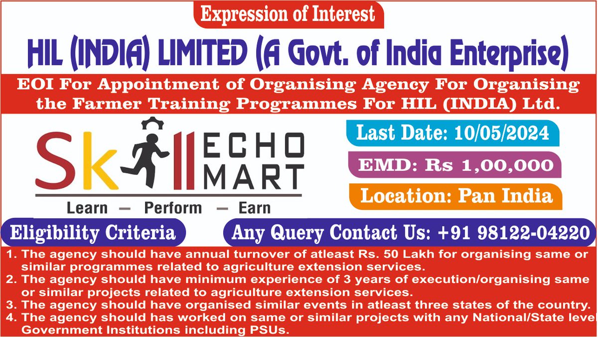 #mrsdinfotech
HIL (INDIA) LIMITED
EOI FOR APPOINTMENT OF ORGANISING AGENCY FOR ORGANISING THE FARMER TRAINING PROGRAMMES FOR HIL (INDIA) LTD.
#skilldevelopment #SkillIndia #skillindiamission #newsupdates #newrfp #neweoi #newepisodecomingsoon #skills #skilled