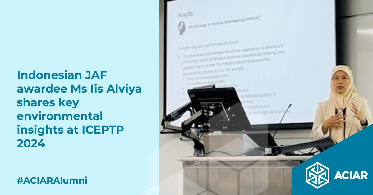At the 9th ICEPTP 2024 in London, #JAF Awardee Ms Iis Alviya presented her findings on greenwashing in Indonesian carbon trading. Supported by #ACIAR, her work highlights the land-based sector's challenges & opportunities for low-emissions development. #ACIARAlumni @Griffith_Uni