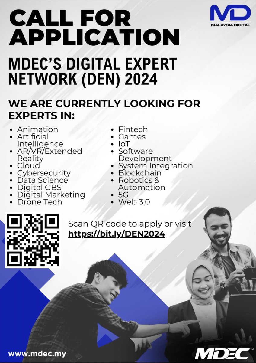 Calling all digital tech experts! Application for MDEC's esteemed Digital Expert Network to contribute to Malaysia's digital evolution is now OPEN! Scanning the QR code or visit bit.ly/DEN2024 for more information.