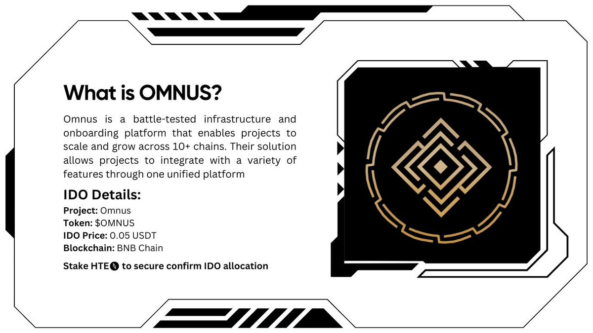 Dive deep into the details about <a href="/OMNUS_xyz/">OMNUS</a>, the upcoming IDO on Huostarter. Explore features like Bridge, Airdrop Task/Quest, Marketplace, and many more under Omnus.

Stake $HTE for confirmed IDO allocations:
(huostarter.io/staking)

Register for the whitelist for FCFS and E2E