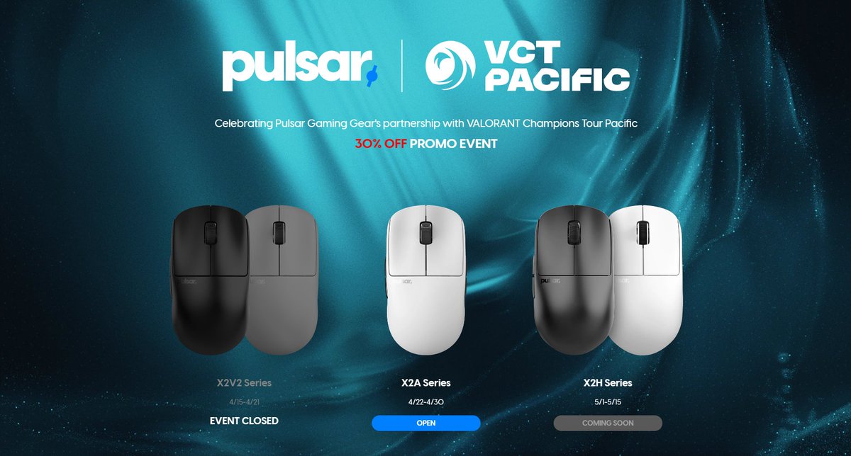 Pulsar | VALORANT Champions Tour Pacific 30% Promo Event Phase 2 is now open! X2A Ambidextrous Gaming Mouse Size 1 & 2 April 22, 2024 (Mon) ~ April 30, 2024 (Tue) Discount Code available here: pulsar.gg/pages/vct-event Upcoming Next:  X2H (Size: Medium, Mini / Color: Black,…