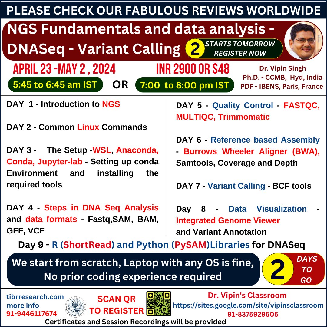 Register here - lnkd.in/daXyJRvcLive reviews - lnkd.in/d6a3_Z4H #BasicsOfNGS #Illumina #IonTorrent #Nanopore #DNASeq #PacBio #NGS_data_analysis #Anaconda #Conda #Conda #SamTools #bcftools #fastqc #multiqc #BurrowsWheelerAlignmentAlgorithm #Bowtie #DrVipinsWorkshop