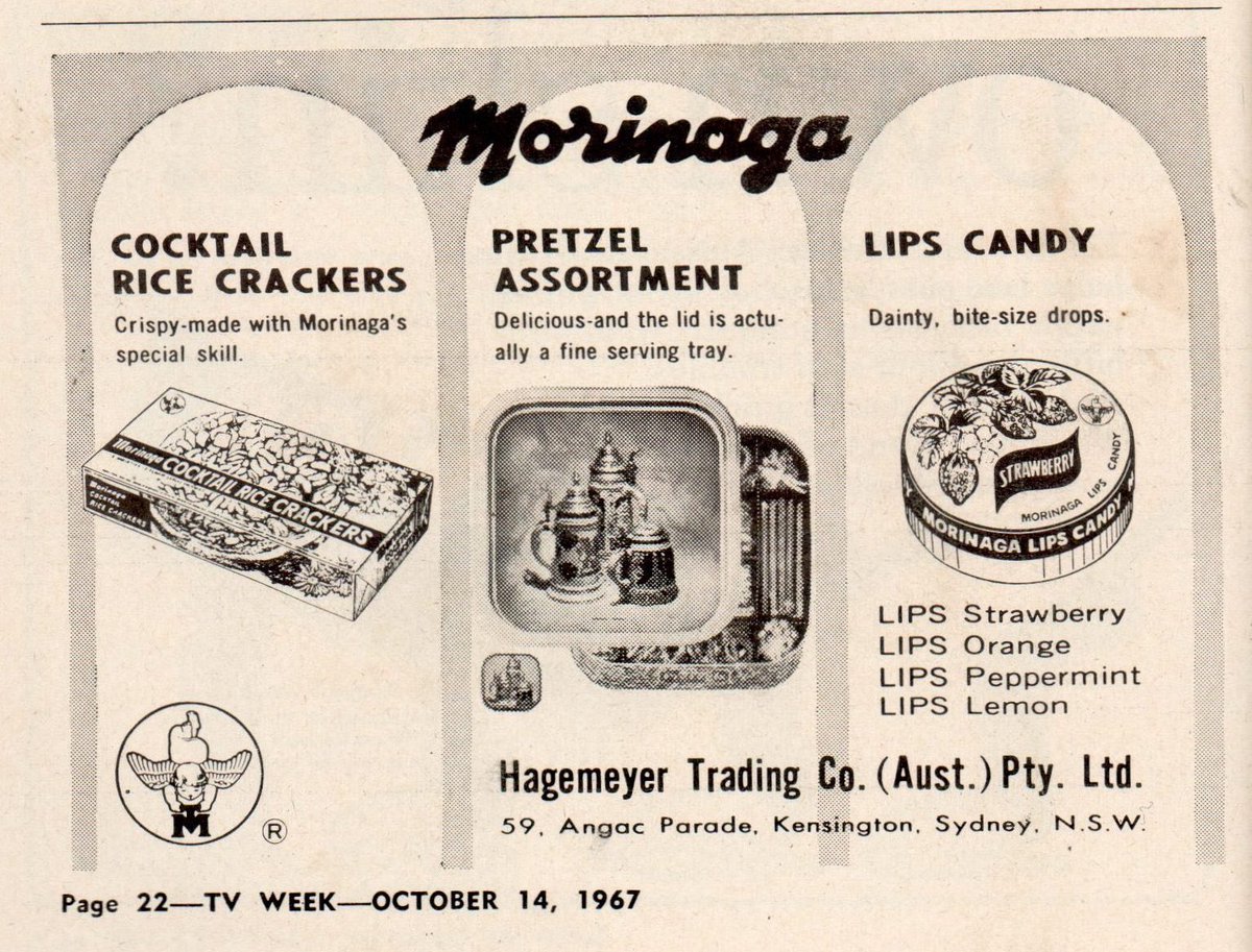 'Cocktail Rice Crackers... Pretzel Assortment... Lips Candy...' Morinaga. TV Week, 1967.