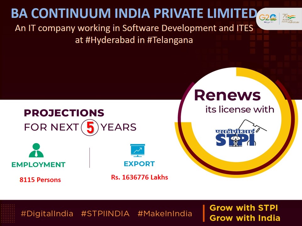Congratulations M/s.BA CONTINUUM INDIA PRIVATE LIMITED! for renewal of license #GrowWithSTPI #DigitalIndia #STPIINDIA #StartupIndia @GoI_MeitY @BankofAmerica
