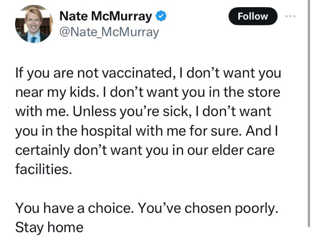 As long as you stay in the mental hospital you clearly escaped from, we promise not to ruin your day with our presence @Nate_McMurray. Signed, The Unvaccinated