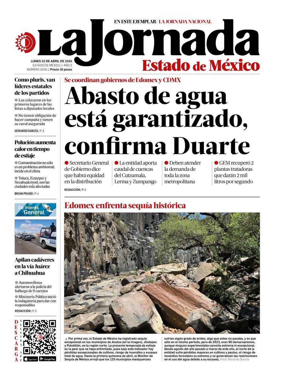 #LaJornadaImpresa| 22/04/2024 🔴Abasto de agua está garantizado, confirma Duarte 🔴Como pluris, van líderes estatales de los partidos 🔴Polución aumenta calor en tiempo de estiaje 🔴Apilan cadáveres en la vía Juárez-Chihuahua lajornadaestadodemexico.com