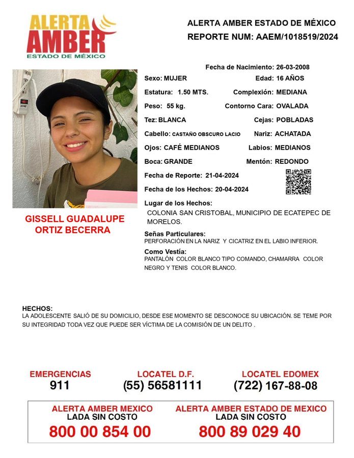 📍Tu apoyo es importante, ayúdanos a difundir, cualquier información para localizar a la siguiente persona comunícate al 📞800 890 2940 Alerta Amber EDOMEX y ☎️ 800 7028 770 #FiscalíaEdoméx.