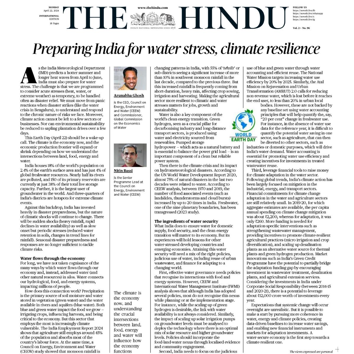 #Opinion A water-secure economy is the first step towards a climate-resilient one. This #EarthDay, our CEO @GhoshArunabha and Sr. Programme Lead @NitinBassiN discuss how India can tackle water stress through 1⃣ effective policies for water governance 2⃣judicious use of water,