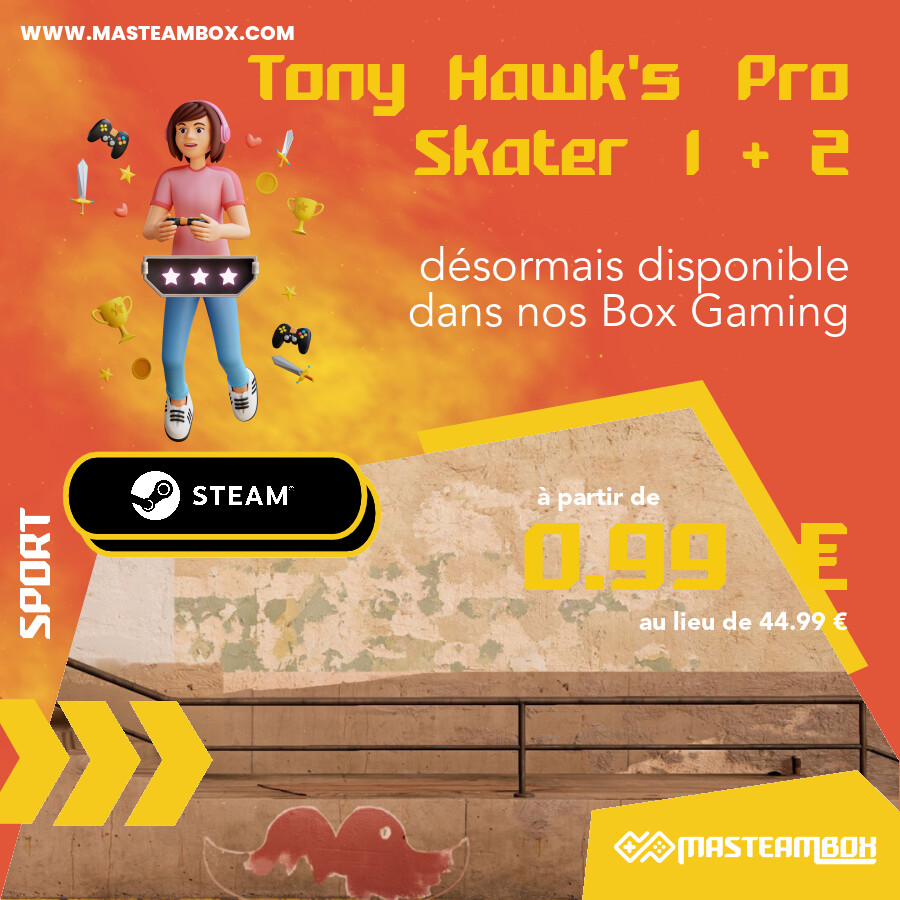 MaSteamBox's tweet photo. 🎮 - Le jeu 'Tony Hawk's™ Pro Skater™ 1 + 2' est disponible dans nos #SteamBox https://t.co/PqhdTQLPCs à partir de 0.99 € 📦.
 •••••
 🔥 Découvrir le jeu : https://t.co/BeRbymgGcW
 🛒 Commander : https://t.co/XoYq7yEATU
 •••••
 
 #MaSteamBox… https://t.co/mQ6p0ENVF6 https://t.co/fNIoDchX1U