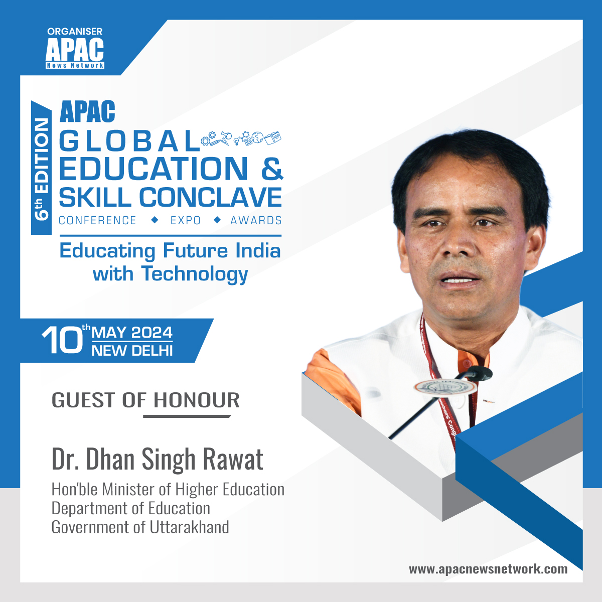 Apacnewsnetwork's tweet photo. We are ecstatic to announce @drdhansinghuk, Hon'ble Minister of Education, Department of Education, #UttarakhandGovernment as our esteemed Guest of Honour.
Do visit us for more information - https://t.co/vAWgRydcqF
#GESC2024 #APACEducation #APACSkill #APAC6thGESC https://t.co/kmDMPgtylB