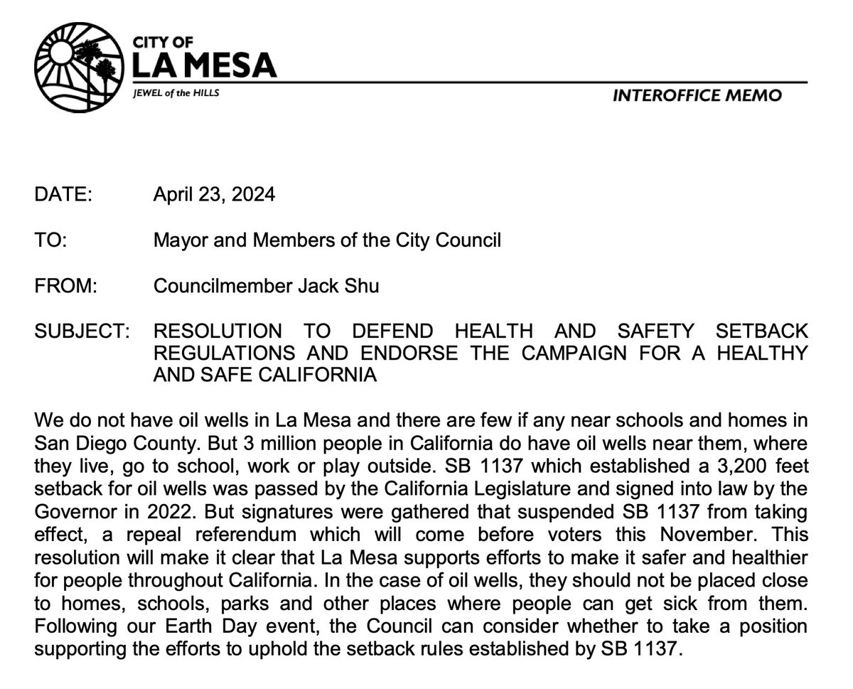 'We do not have oil wells in La Mesa and there are few if any near schools and homes in San Diego County.' But let's spend time on a city resolution about them anyway. pub-lamesa.escribemeetings.com/Meeting.aspx?I… Item 12.1
