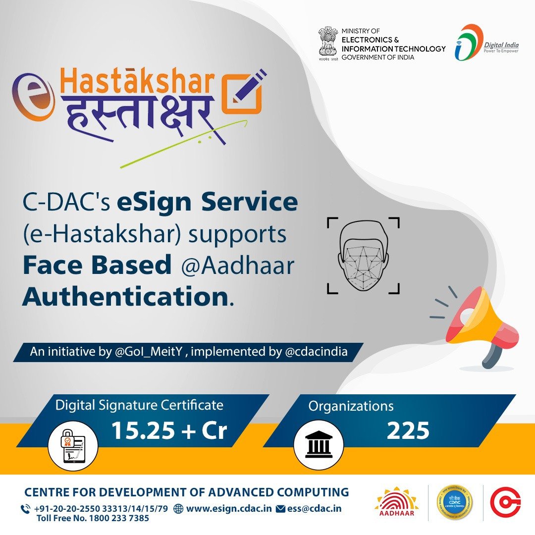 An initiative of @GoI_MeitY, implemented by @cdacindia e-Hastakshara e-Sign Service facilitates instant #signing of documents online by #citizens, anytime and anywhere. #AtmanirbharBharat