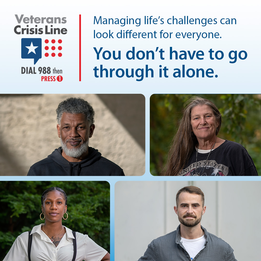 No matter where you are or what you’re going through, the #VeteransCrisisLine helps all #Veterans find immediate support. Dial 988 then Press 1, chat at VeteransCrisisLine.net/Chat, or text 838255 now. #SuicidePrevention #SuicideAwareness