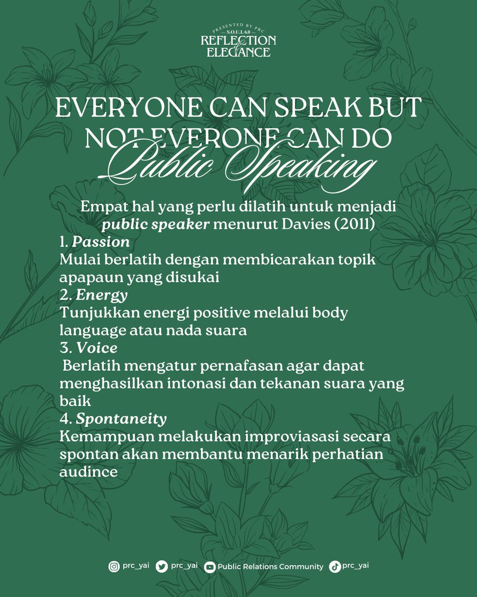 PRC_YAI's tweet photo. Tujuan utama dari public speaking adalah untuk menyampaikan pesan dengan jelas, mempengaruhi pendapat dan sikap audiens, serta menginspirasi atau menghibur mereka. 📢🌻

Untuk mengetahui public speaking lebih lanjut, yuk simak postingan kita! 🧡 https://t.co/RSWUFi8l1g