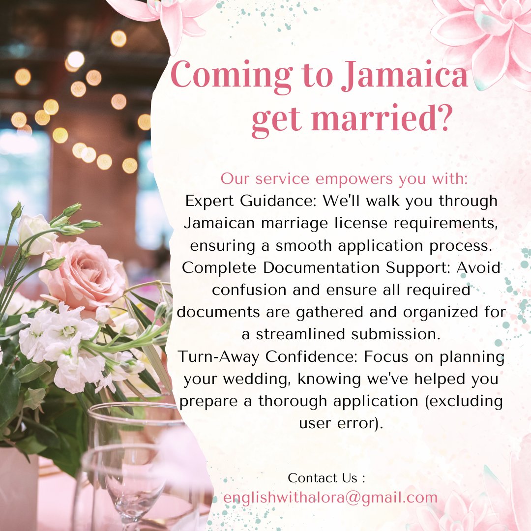 Planning a dream wedding in Jamaica with your international love?  Don't let navigating the marriage license process hold you back from paradise!

For only $50 USD we offer you the services listed. #destinationweddings #jamaicanweddings #caribbeanweddings #jamaicalicensetowed