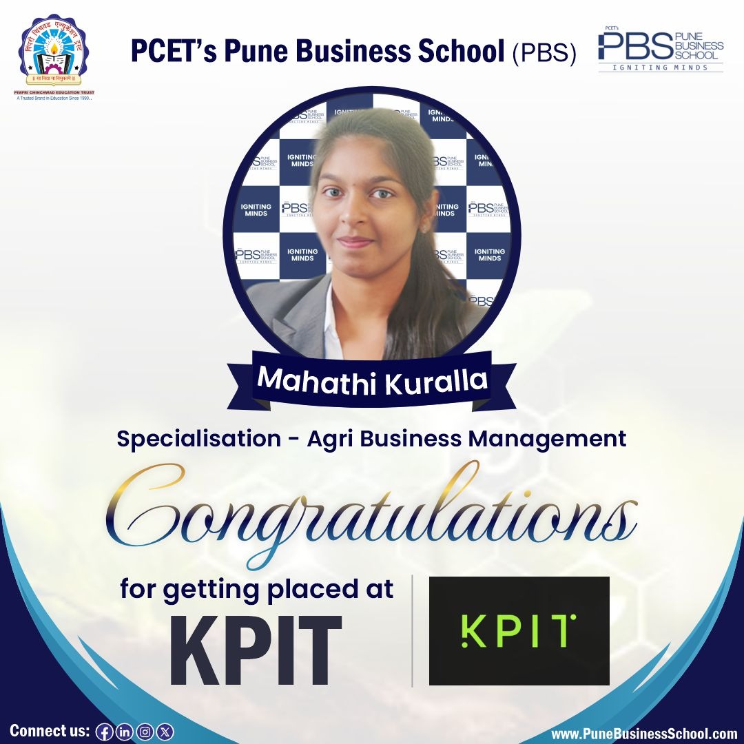 A big congratulations to Ms. Mahathi Kuralla for getting placed with #KPIT one of dream companies to work with! We give our best wishes to all of you for a brighter future ahead!

#PCET #PBS #Placed #KPIT #Placement2023 #BestOfLuck #PGDM #AgriBusinessManagement #Finalplacement