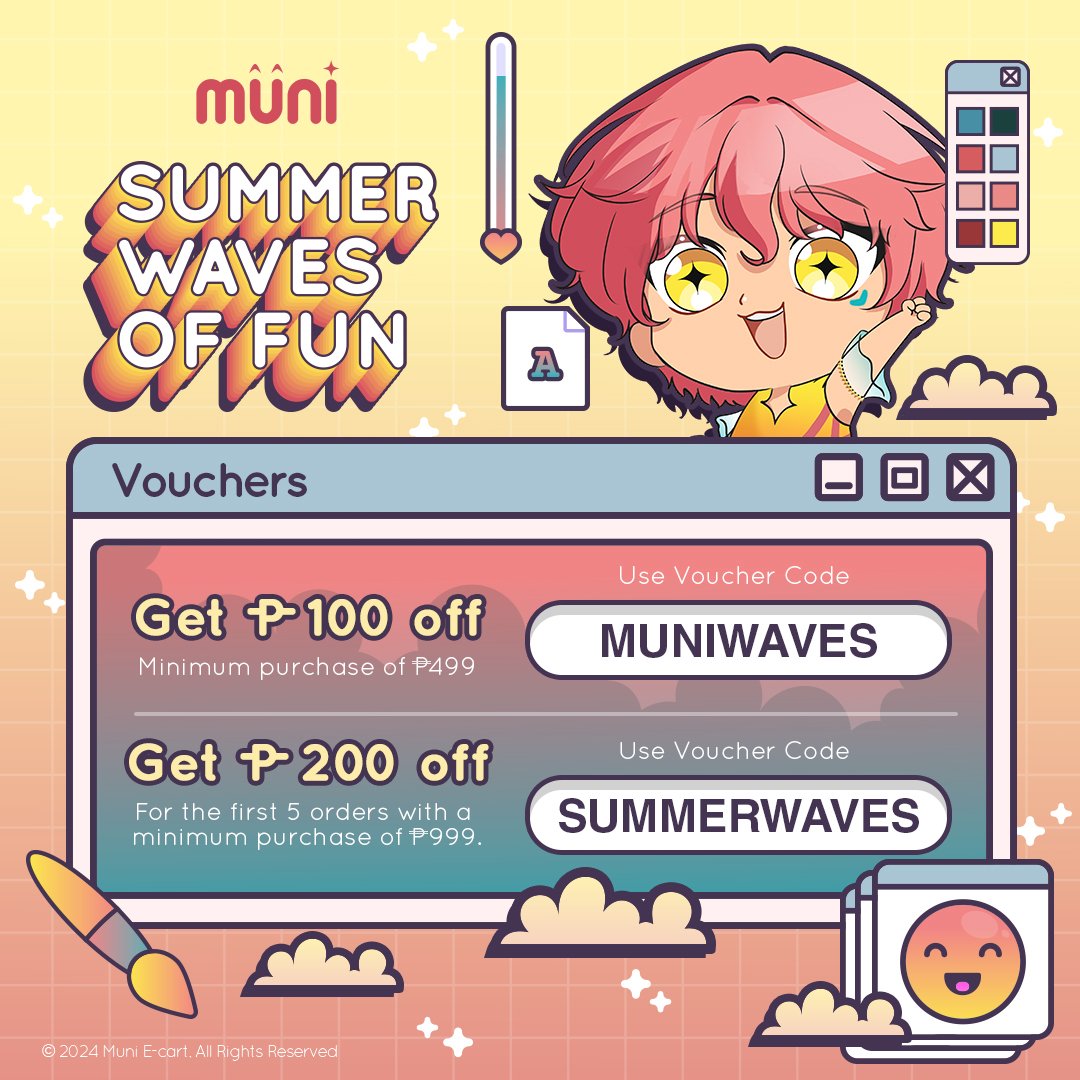 #SupportLocalCreators and save big with Muni!

Use our voucher code MUNIWAVES to get P100 off of P499.
Use SUMMERWAVES to get P200 off of P999, first 5 customers only!

But hurry, these codes are limited until April 26th only!

Browse now! muniecart.com
#muniecart