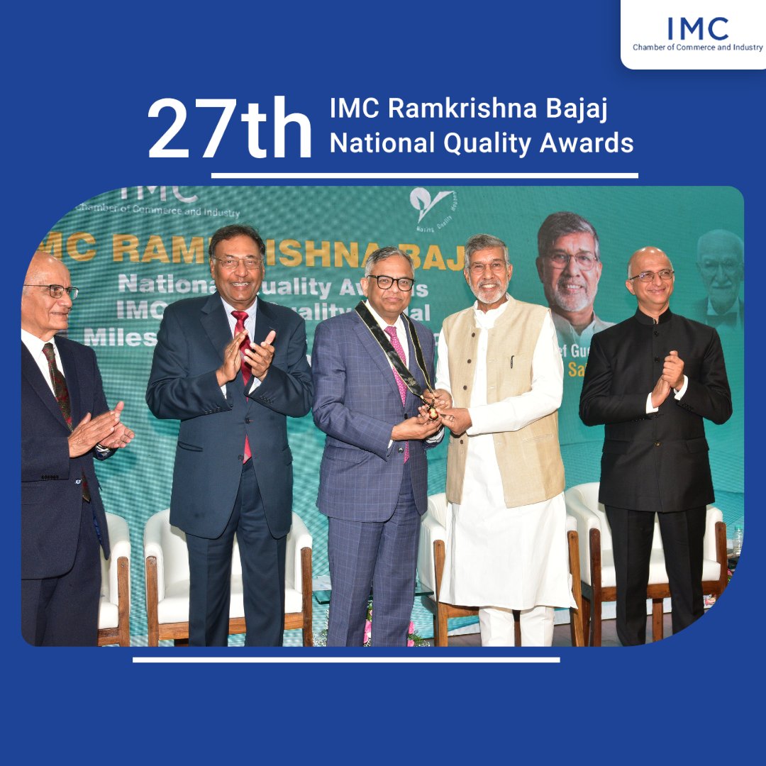 Nobel Laureate Mr. <a href="/k_satyarthi/">Kailash Satyarthi</a> bestowed the prestigious IMC Juran Quality Medal upon Shri N. Chandrashekharan, Chairman of Tata Sons Pvt. Ltd., during the recently concluded 27th IMC RBNQ Awards Event hosted at <a href="/IMC_India/">IMC Chamber of Commerce and Industry</a> 

#IMC #IMCRBNQA

<a href="/TataCompanies/">Tata Group</a> <a href="/SamirSomaiya/">Samir Somaiya</a>