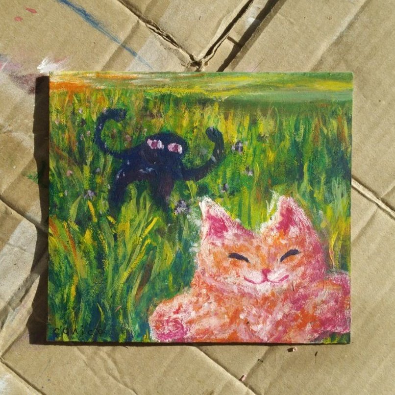 продаю картину. котик тікає від ендермена 17×15 см. гуаш, акрил, двп. 900 грн