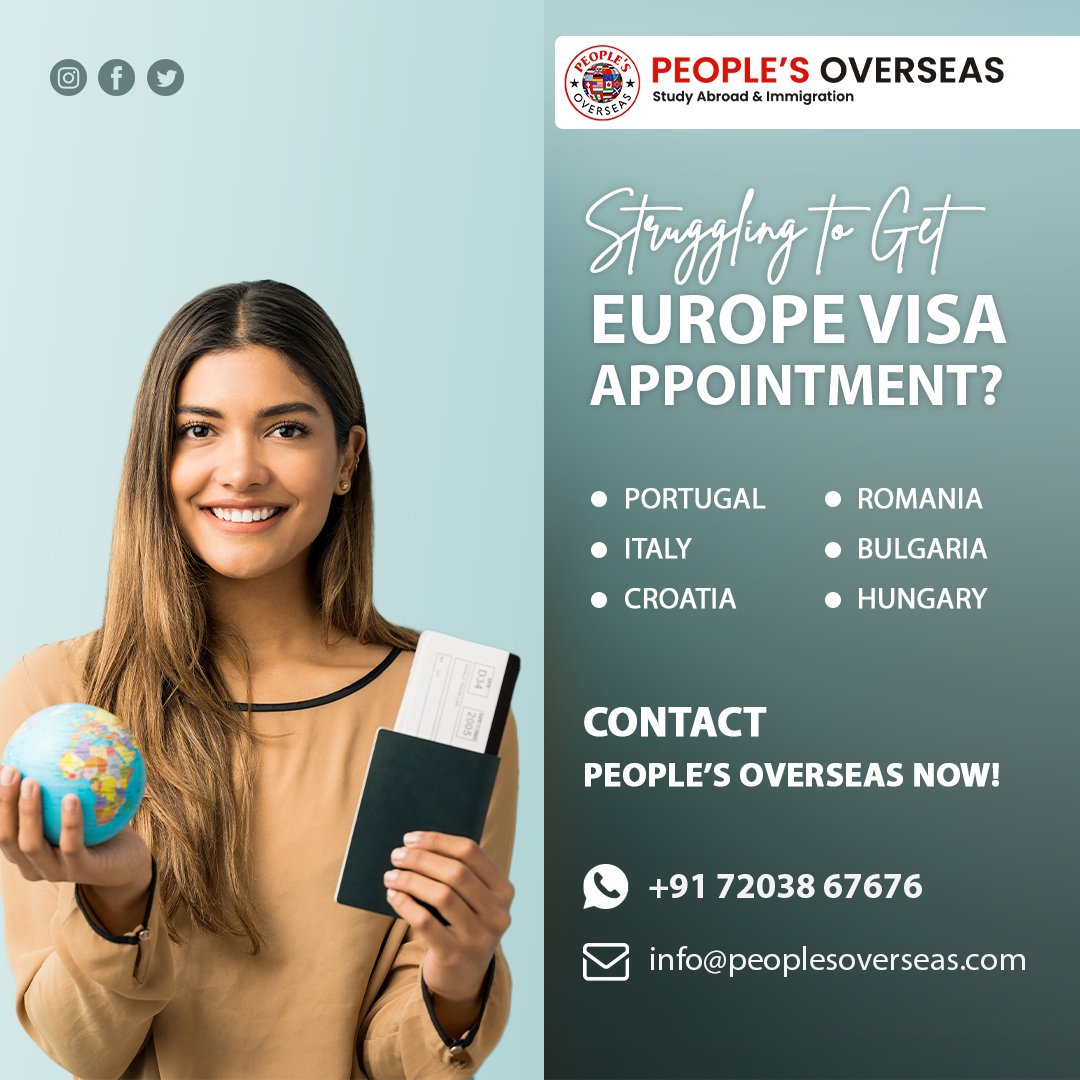 Struggling to Get Europe Visa Appointment? Contact @peoplesoverseas

Call Now
+91 72038 67676

.
.
.
#EuropeVisaAppoinment #EuropeVisa #Appointment #WorkPermit #Portugal #Romania #Italy #Bulgaria #Croatia #Hungary #PeoplesOverseas