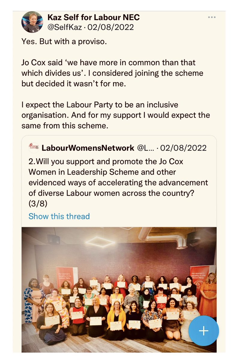 Kaz Self, a bloke standing for Labour, has stated he would only support the Jo Cox Women in Leadership scheme if it was ‘inclusive’, by which he means will include men like him Cox is a woman who lost her life to male violence, and still Self demands men are included - prick