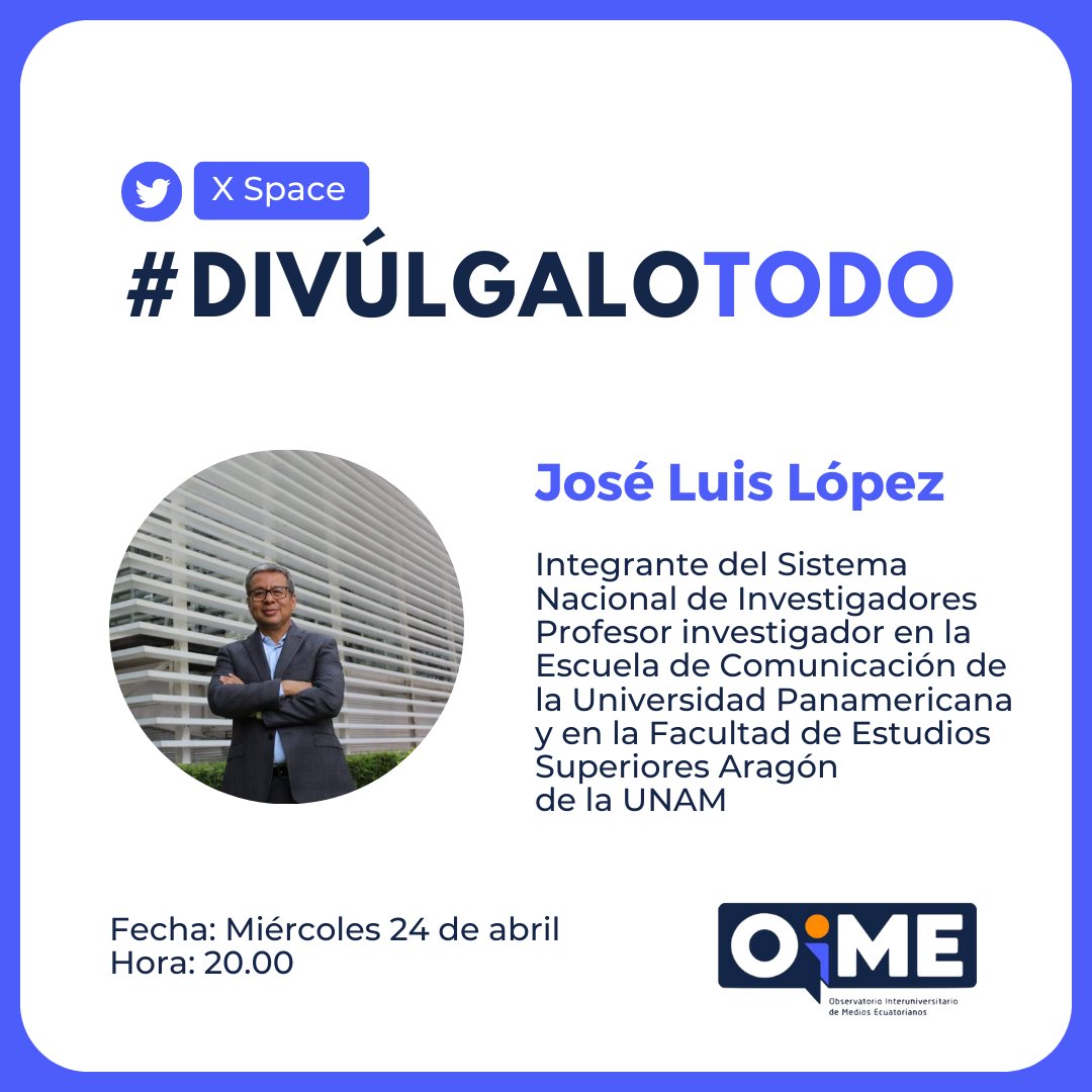 ¡Faltan unos días para el #DivúlgaloTodo y
@jlopezaguirre es nuestro primer invitado!  

El docente de la Universidad Panamericana y la UNAM nos acompañará este miércoles 24 de abril a las 20h00 en twitter.com/i/spaces/1lDGL…

#Luchacontraladesinformación #divulgacióncientífica