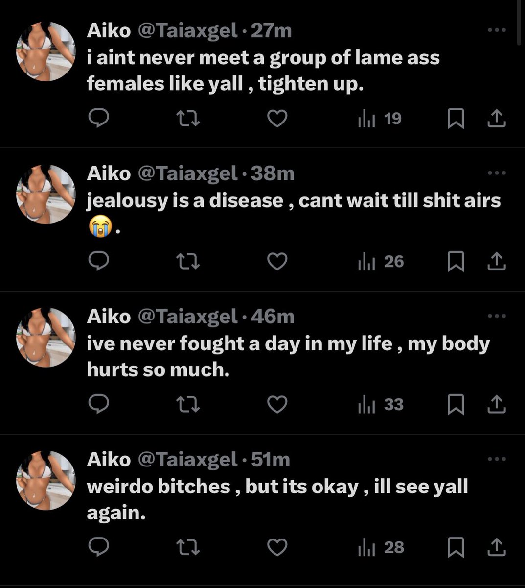 BaddiesOnAtlas's tweet photo. Loud House cast member Aiko @Taiaxgel released these tweets. Loud House is currently filming, it leads us to believe she’s gotten to some altercation on the show. 

#AtlasLoudHouseMiami https://t.co/QISP4PzA4L