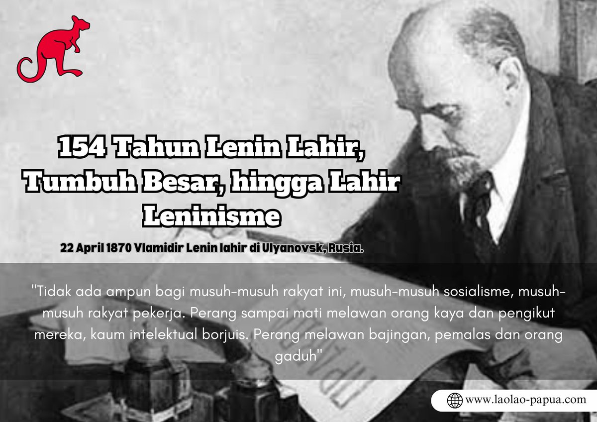 22 April 1870 Vlamidir Lenin lahir di Ulyanovsk, Rusia. Hari ini kita peringati 154 tahun Lenin dilahirkan, tumbuh besar, hingga Leninisme lahir.

Tulisan-tulisan Lenin bisa dibaca disini: marxists.org/indonesia/arch…

#laolao_papua