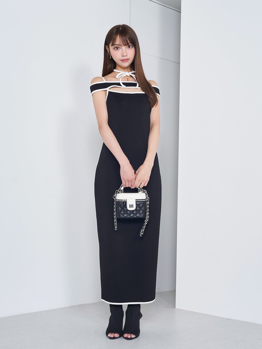 coming soon】 パイピングカットリボンロングワンピース (BEG/GRY/BLK 