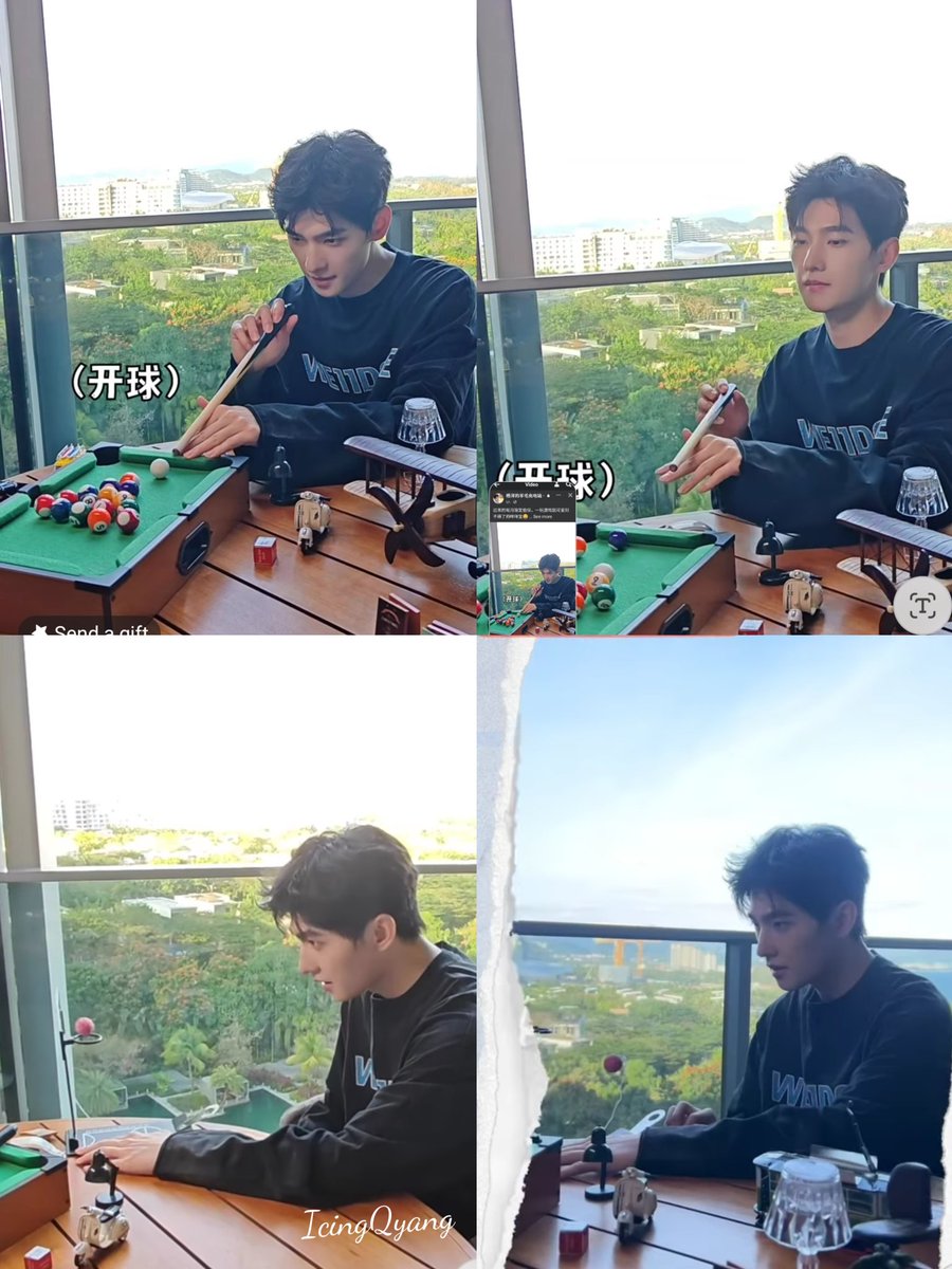 What does a guy do with his free time? Play table games. #YangYang杨洋 focuses on his mini table basketball to shoot the ball and then tries his skills in table pool. #childlikeman #justlikeus . I'm sure this is what he's doing while recovering from his surgery or on vacation.