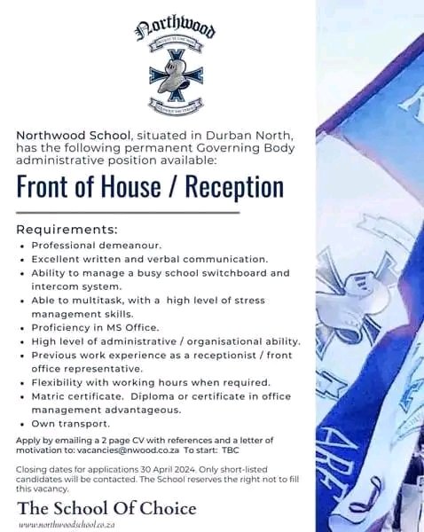 We are looking for a highly organised, well presented and professional Front of House person to manage our busy school reception! Please see the below requirements and apply by sending your CV and letter of motivation to: vacancies@nwood.co.za by no later than 30 April.