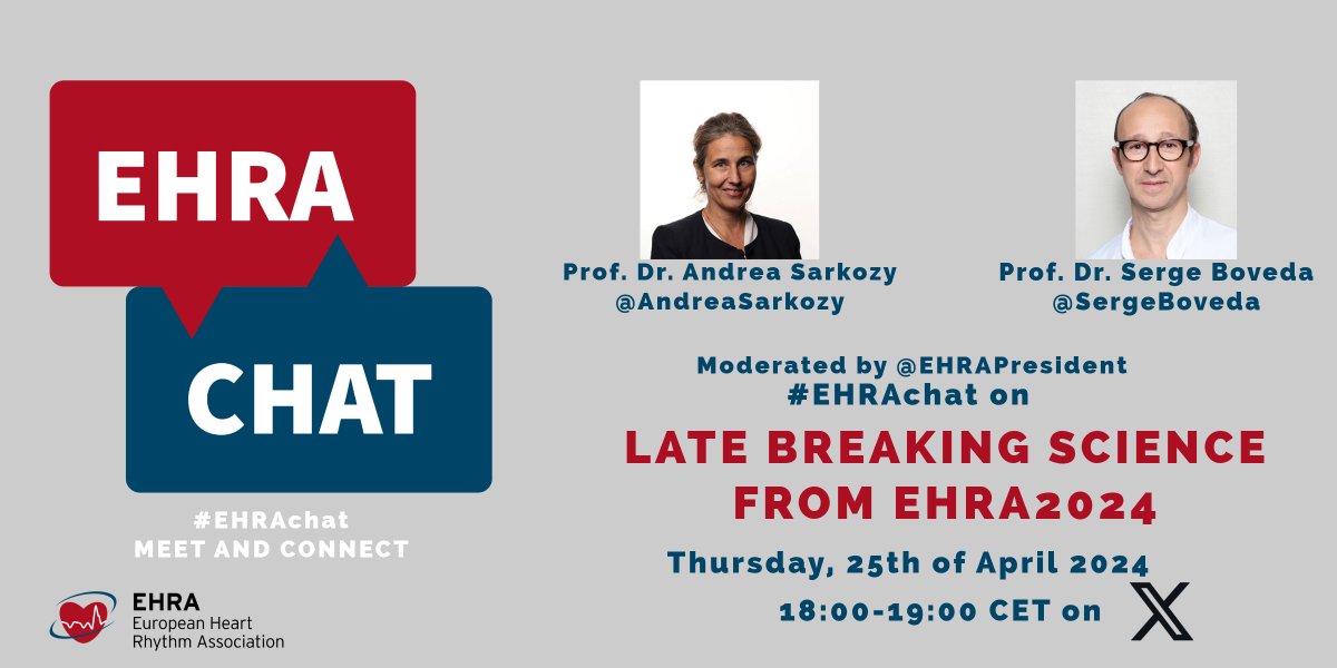 EHRAPresident (@ehrapresident) on Twitter photo #EHRAchat round 2 with <a href="/SergeBoveda/">Serge Boveda</a> & <a href="/AndreaSarkozy/">Andrea Sarkozy</a> will be held on Thursday 25th of April at 18:00 CET.
Prepare your questions and discuss on Late-breaking science from #EHRA2024
Do not miss your chance to interact with our guests!
#EPeeps #EHRAchat round 2 with <a href="/SergeBoveda/">Serge Boveda</a> & <a href="/AndreaSarkozy/">Andrea Sarkozy</a> will be held on Thursday 25th of April at 18:00 CET.
Prepare your questions and discuss on Late-breaking science from #EHRA2024
Do not miss your chance to interact with our guests!
#EPeeps